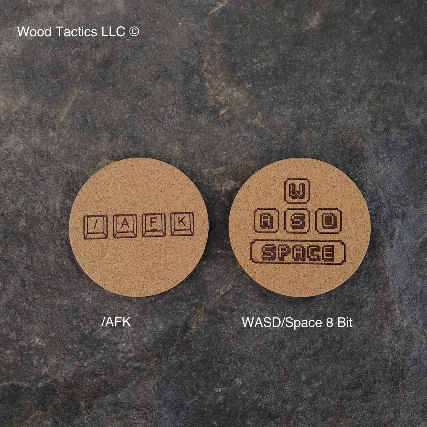 PC Game 4 inch Round Cork Coasters with WASD Keys and /AFK (Away from Keyboard).