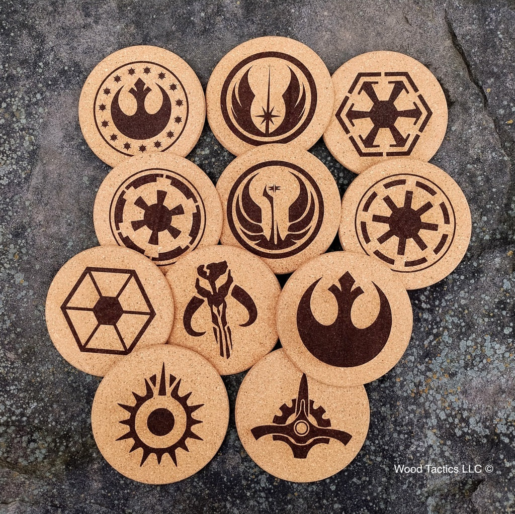 4 inch Round Star War Faction Cork Coasters with Imperial, Rebel, Jedi and Mandalorian Symbols.