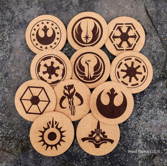 4 inch Round Star War Faction Cork Coasters with Imperial, Rebel, Jedi and Mandalorian Symbols.