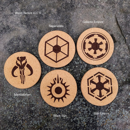 4 inch Round Star War Faction Cork Coasters with Imperial, Sith, Clone wars and Mandalorian Symbols.