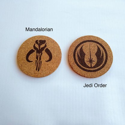 4 inch Round Star War Faction Cork Coasters with Jedi and Mandalorian Symbols.