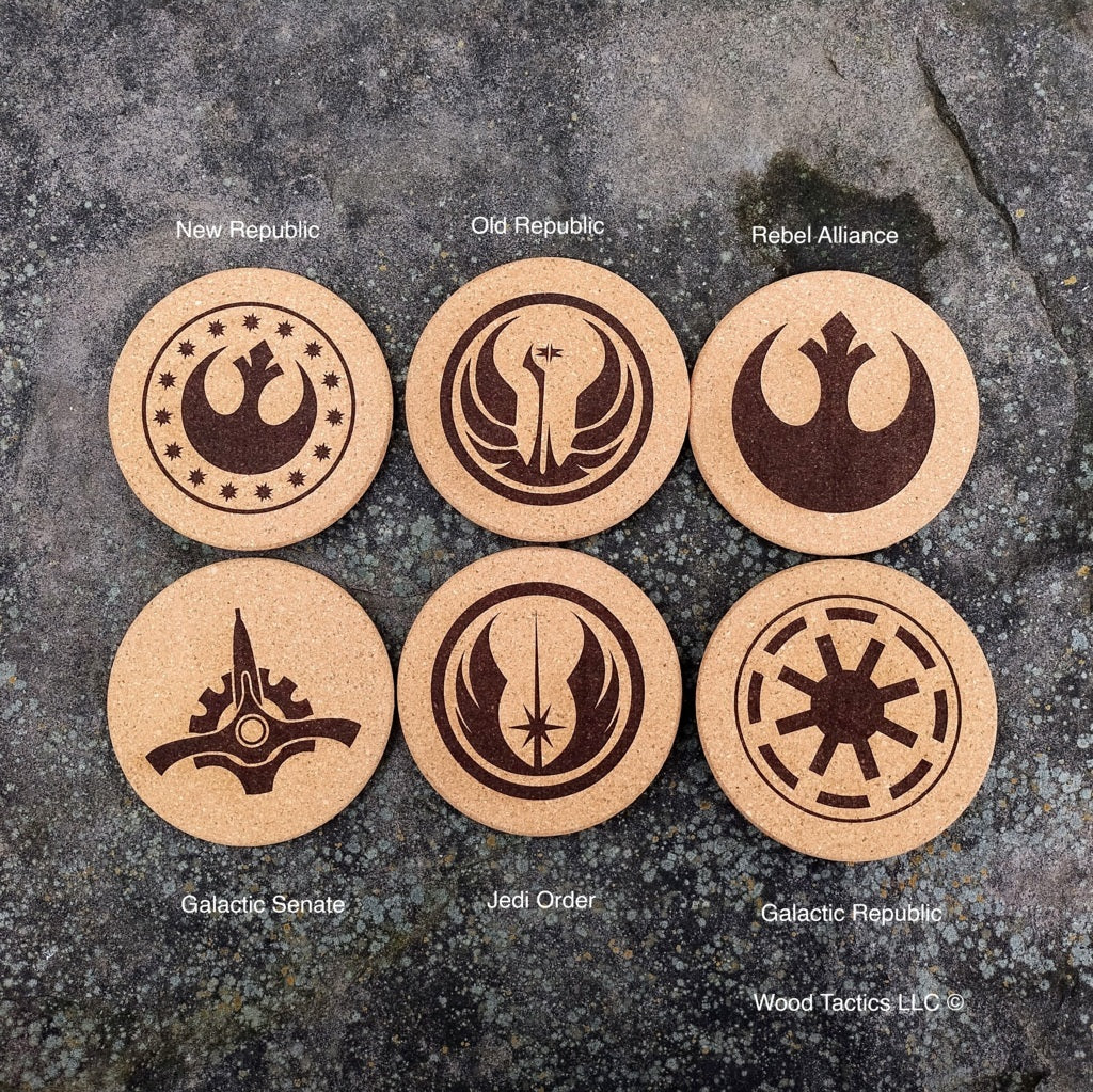 4 inch Round Star War Faction Cork Coasters with Senate, Rebel, Jedi and Old Republic Symbols.