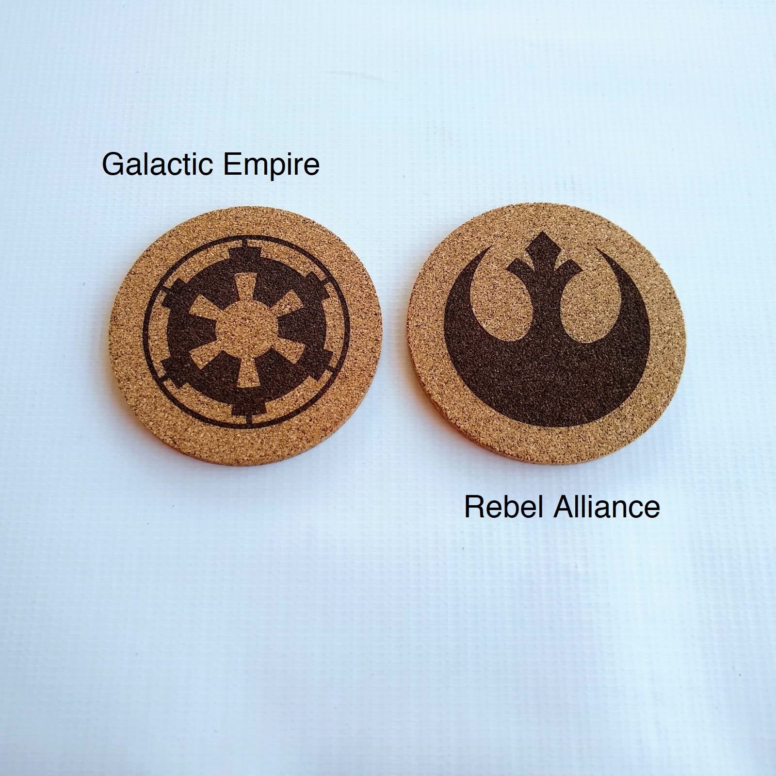 4 inch Round Star War Faction Cork Coasters with Galactic Empire and Rebel Alliance.