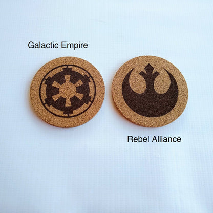 4 inch Round Star War Faction Cork Coasters with Galactic Empire and Rebel Alliance.