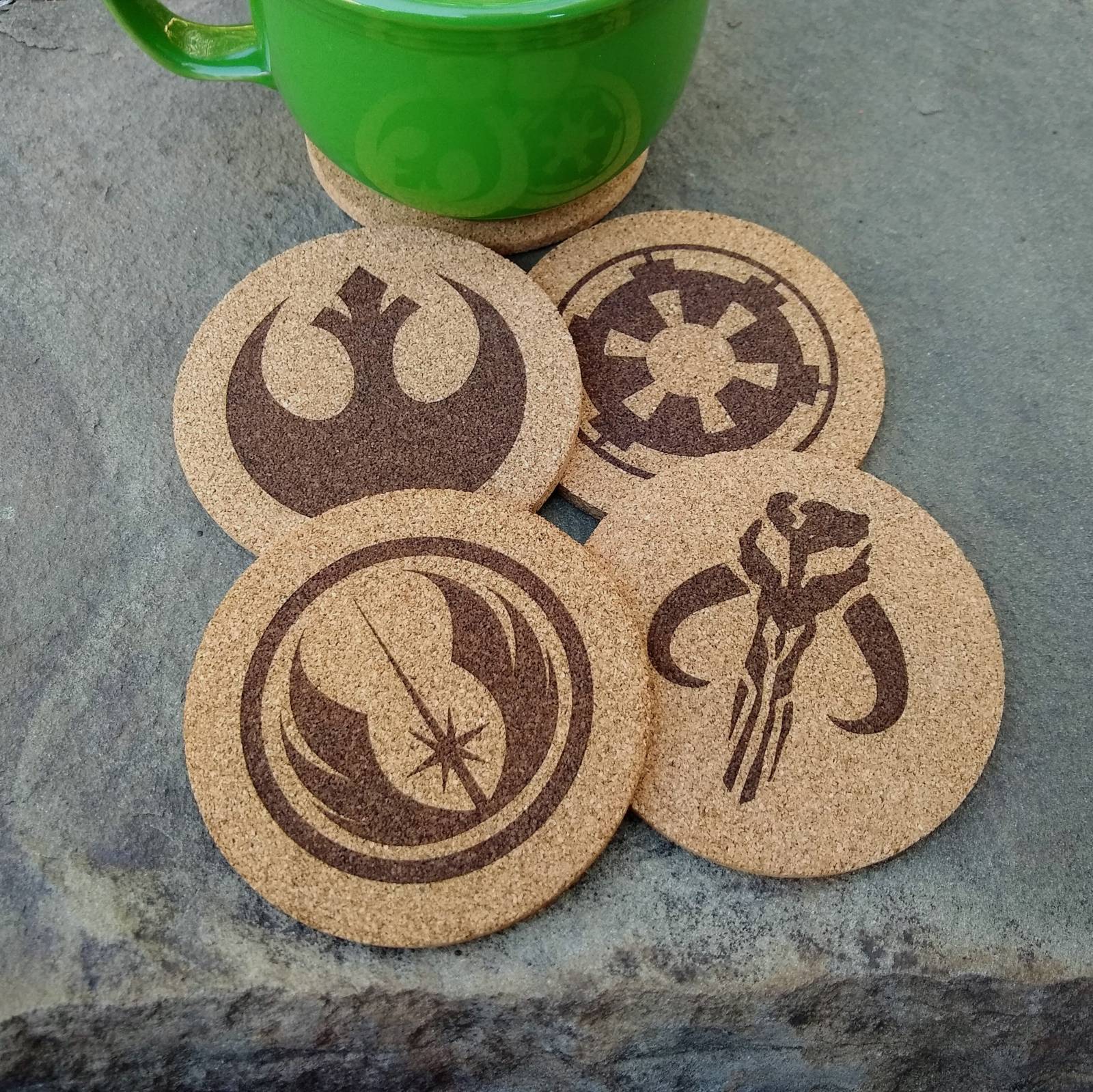 4 inch Round Star War Faction Cork Coasters with Imperial, Rebel, Jedi and Mandalorian Symbols.