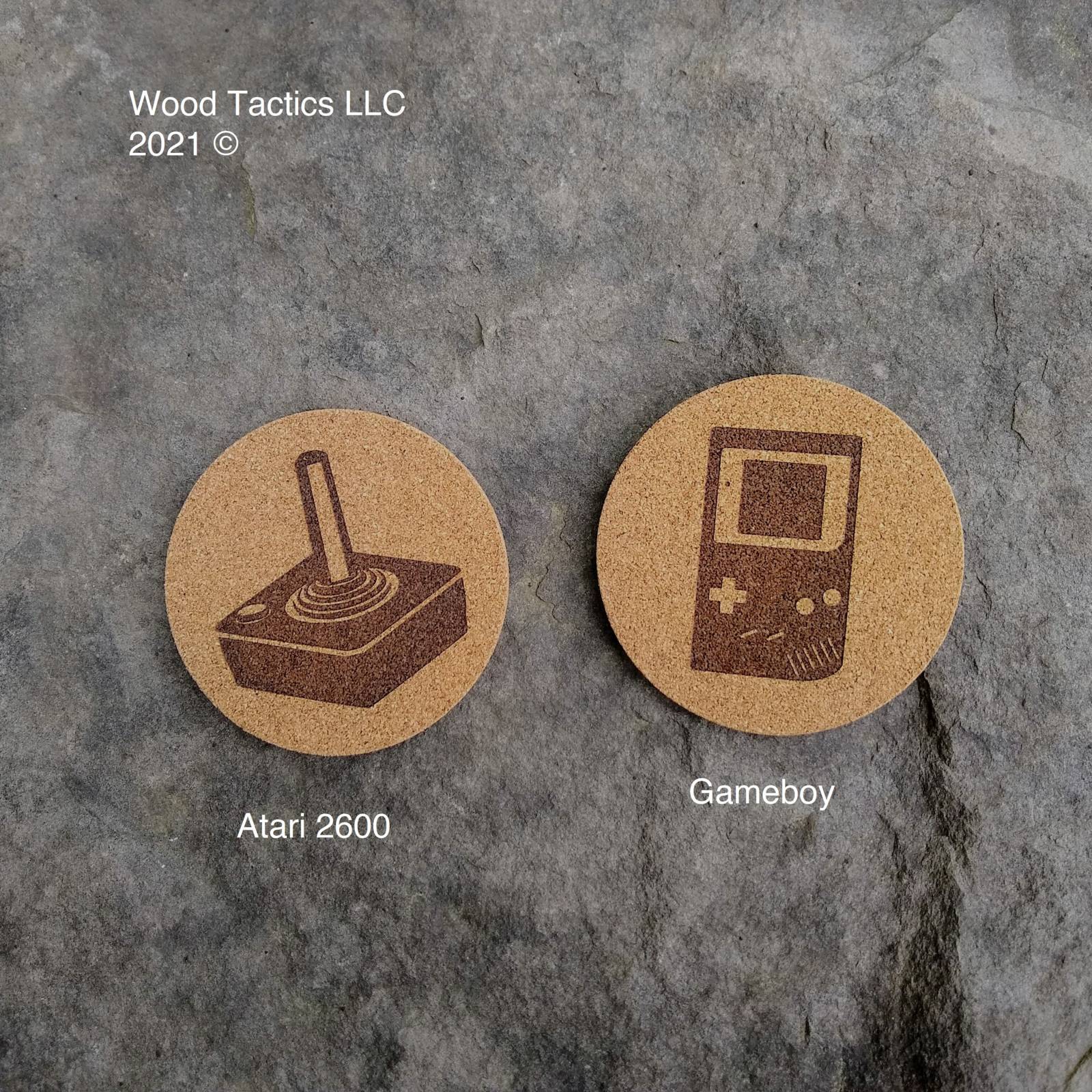 Video Game Controller 4 inch Round Cork Coasters with Atari 2600 and Gameboy.