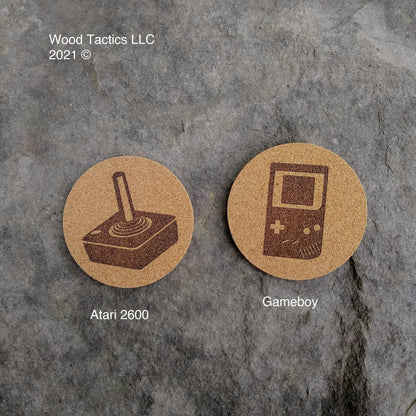 Video Game Controller 4 inch Round Cork Coasters with Atari 2600 and Gameboy.