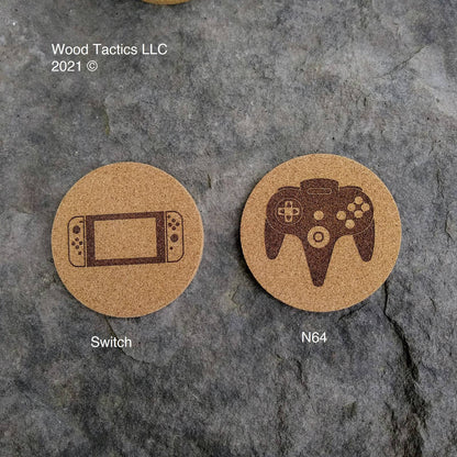 Video Game Controller 4 inch Round Cork Coasters with Nintendo Switch and N64
