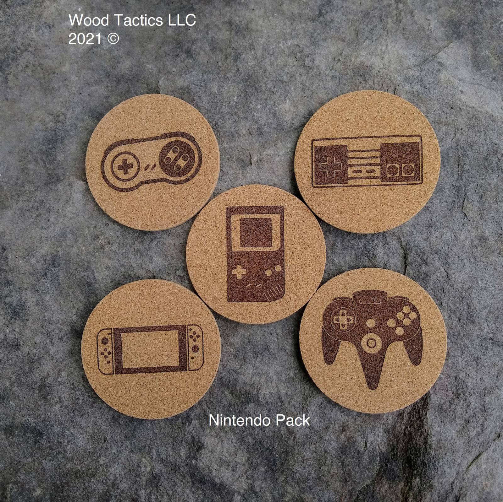 Video Game Controller 4 inch Round Cork Coasters with Nintendo, SNES, Gameboy, Switch and N64