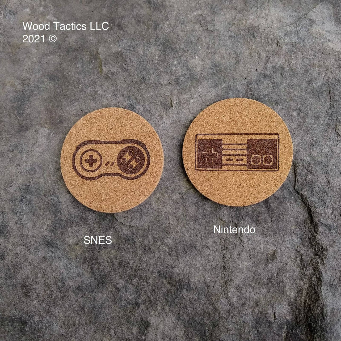 Video Game Controller 4 inch Round Cork Coasters with Nintendo, SNES.