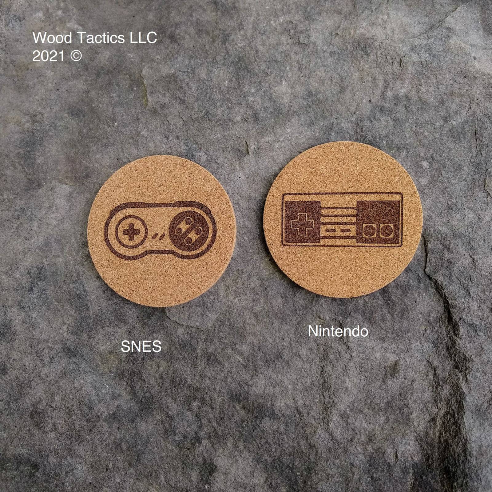 Video Game Controller 4 inch Round Cork Coasters with Nintendo, SNES.