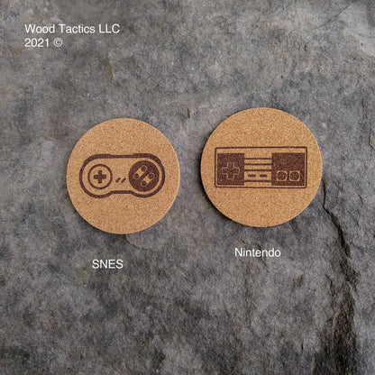 Video Game Controller 4 inch Round Cork Coasters with Nintendo, SNES.