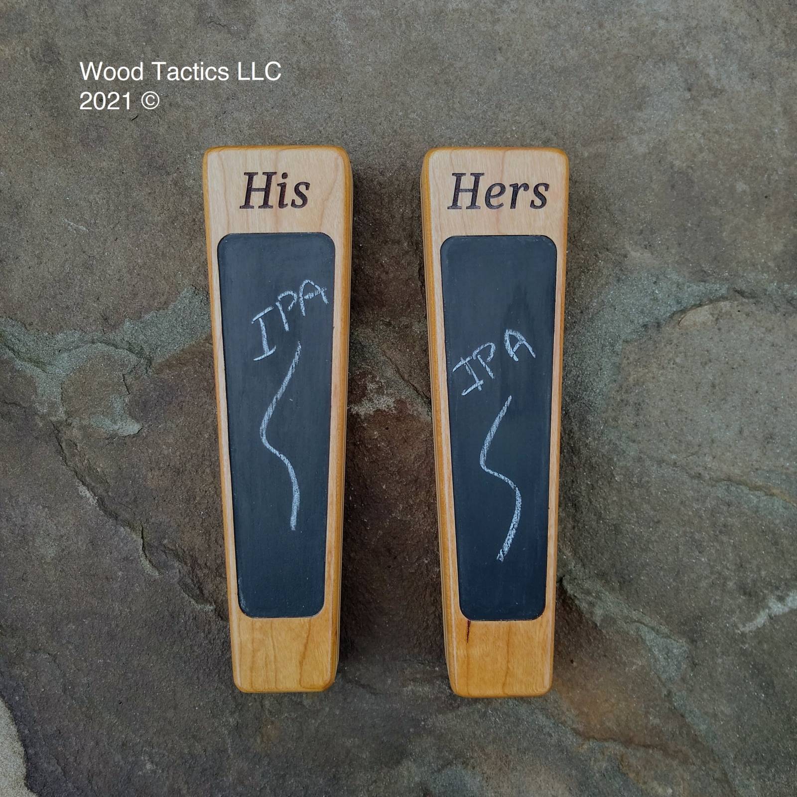 Custom Bartaps made from Cherry and Maple with blackboard center and engraving.