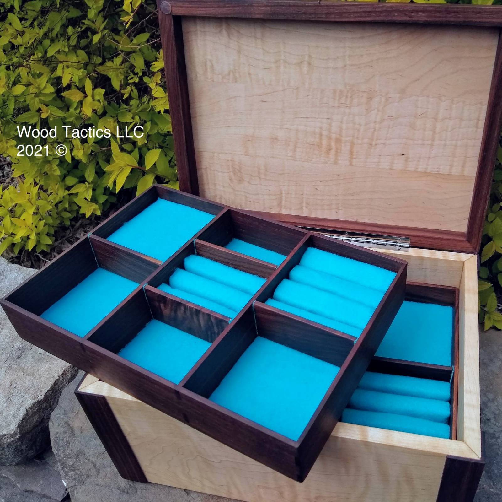 Custom JewelryBox made from Curly Maple and Walnut with interal walnut trays with blue felt.