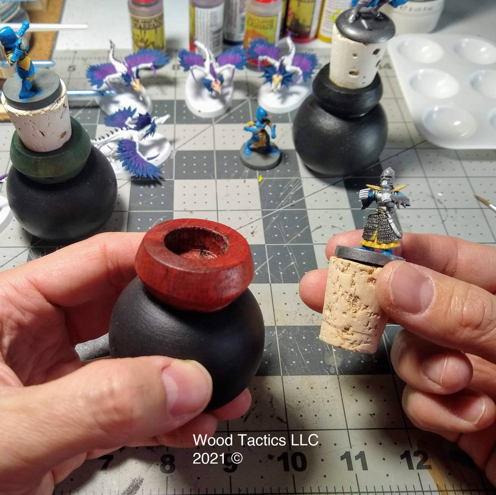 Custom Paint Handles made from Maple, dipped in rubber grip and dyed. Replaceable Cork tops for miniatures.