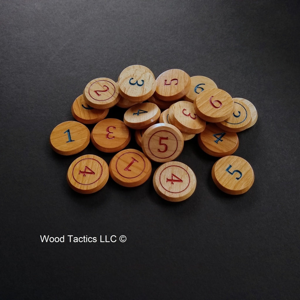 Round 30mm Tokens featuring a number with a cirlce and a regular number inked in blues and reds.