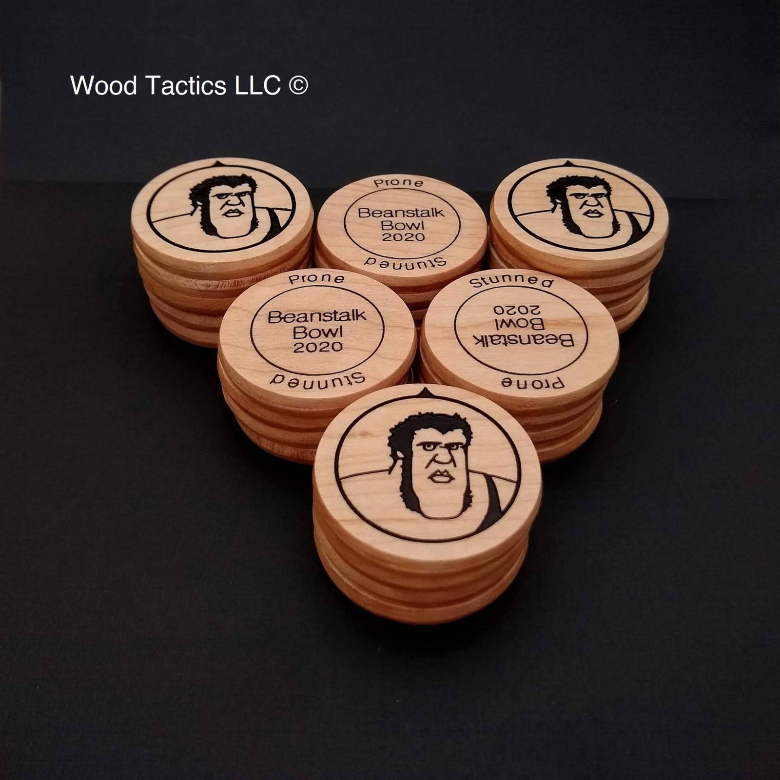 Custom Tokens made from Maple, 50mm round featuring andre the giant for the Beanstalk Bowl.