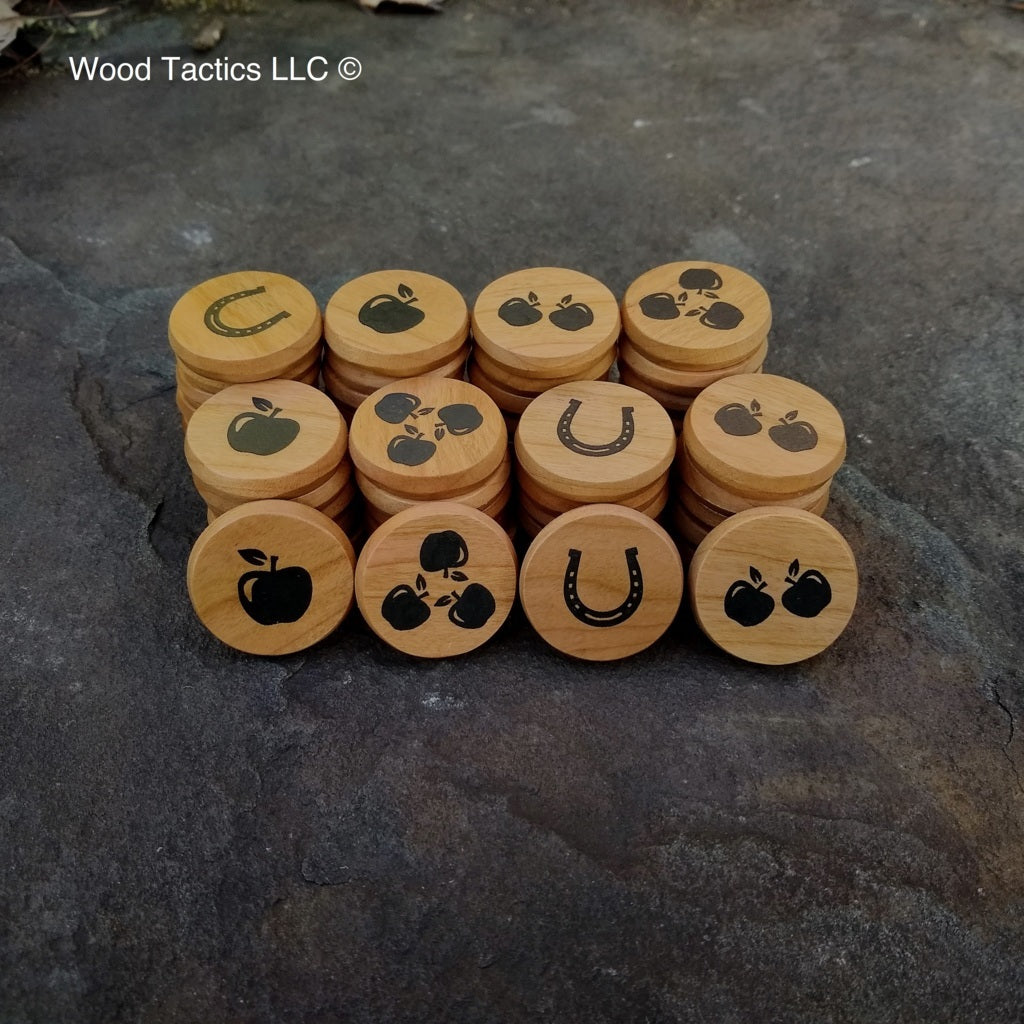 Custom Cherry 30mm tokens for the Hundred Horses Board game from Forrest-Pruzan Creative, publisher Ravensburger. Infilled with Ebony.