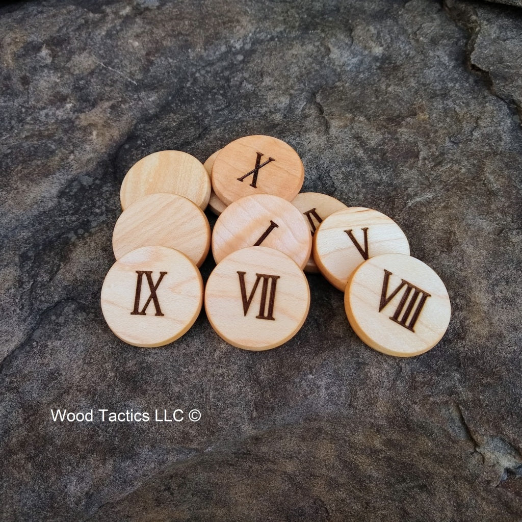 Custom 50mm Objective tokens made from Maple Hardwood featuring 1-10 on one side and blank on the other.