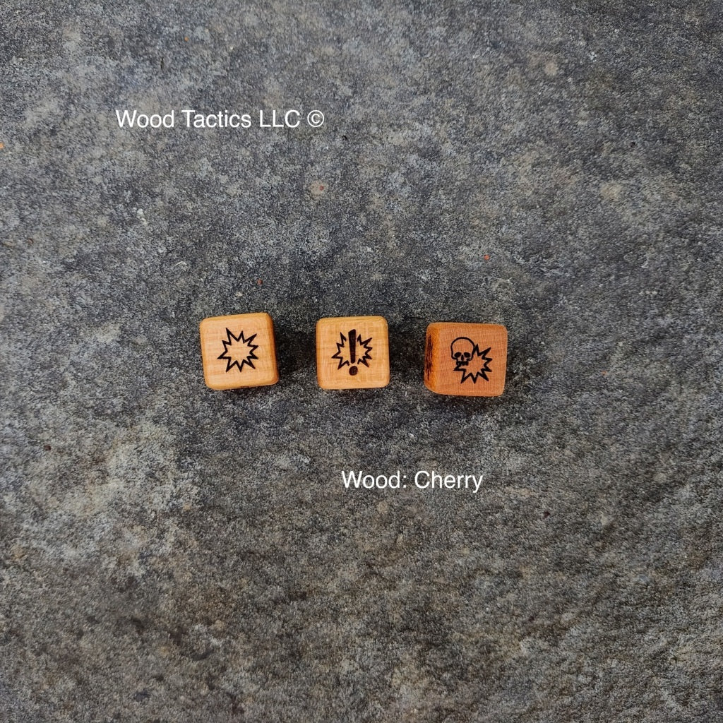 Cherry hardwood Blood Bowl Block dice Skull, Both Down, Push, Defender Stumbles and Attacker Down Symbols