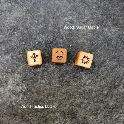Maple hardwood Blood Bowl Block dice Skull, Both Down, Push, Defender Stumbles and Attacker Down Symbols