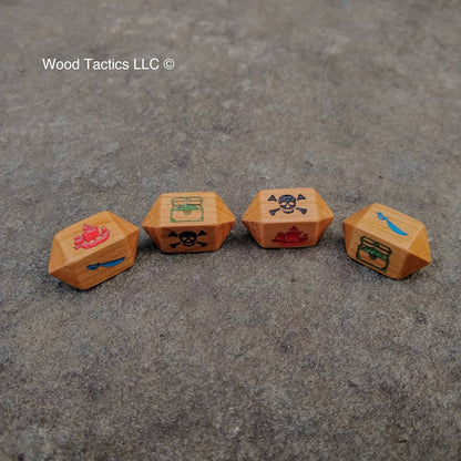 Cherry Hardwood Barrel D4 Inked dice for bluffaneer game. Symbols are Pirate Ship, Skull and Pones, Treasure Chest and Sword.