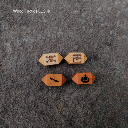 Cherry/Maple Hardwood Barrel D4 dice for bluffaneer game. Symbols are Pirate Ship, Skull and Pones, Treasure Chest and Sword.