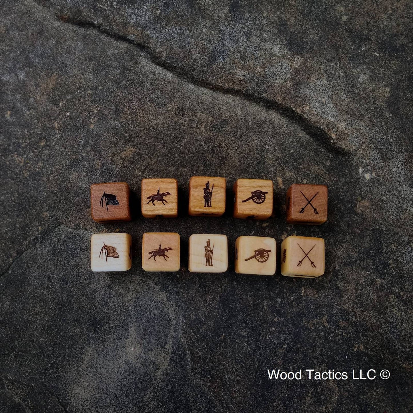 Command and Colors: Napoleonic various hardwood dice Cannon, French Soldier, Flag, Crossed Swords, and Cavalry Symbols