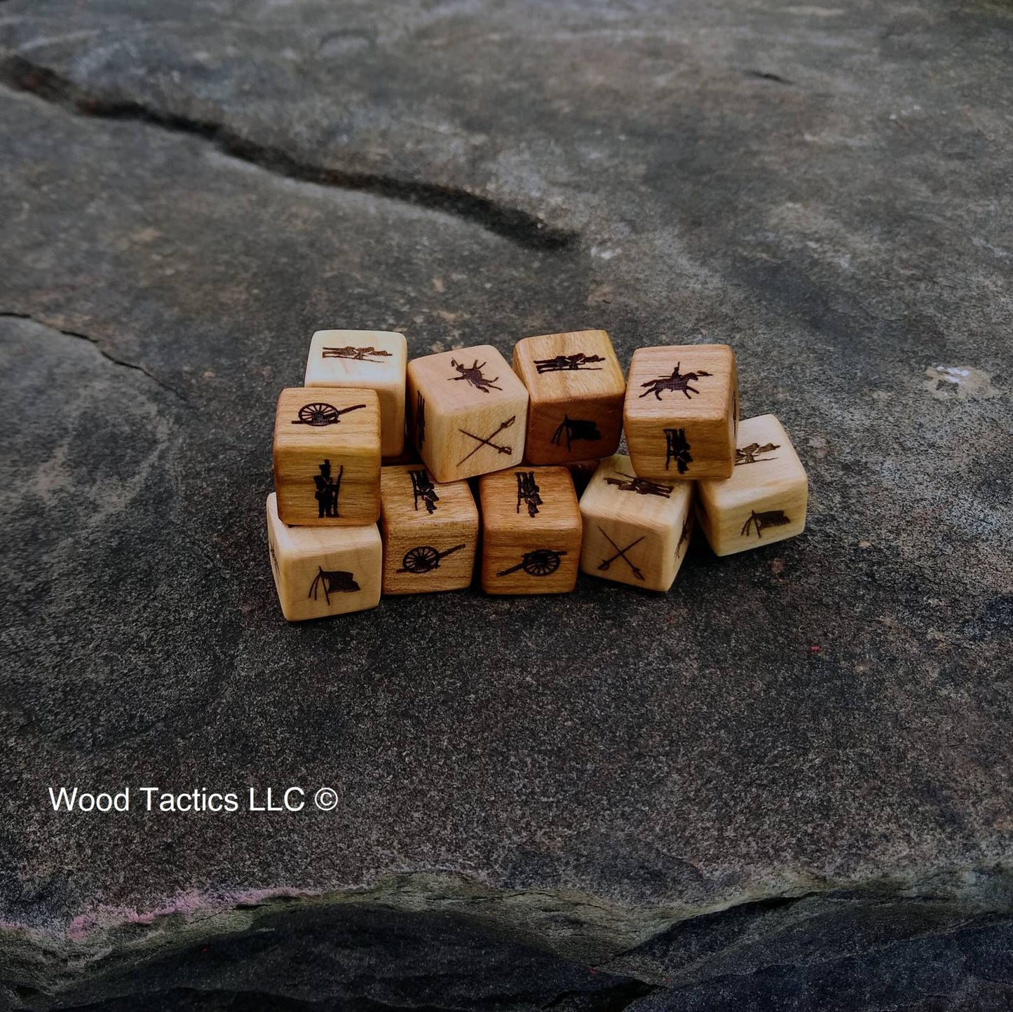 Command and Colors: Napoleonic various hardwood dice Cannon, French Soldier, Flag, Crossed Swords, and Cavalry Symbols
