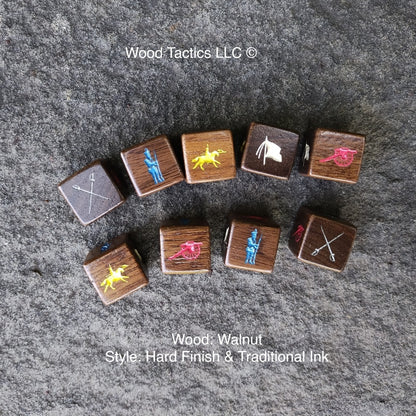 Command and Colors: Napoleonic Walnut hardwood dice Cannon, French Soldier, Flag, Crossed Swords, and Cavalry Symbols