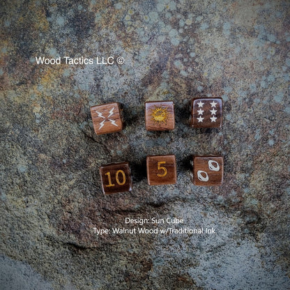 Cosmic Wimpout game Walnut Hardwood sun design D6 Dice Cubes Inked in Traditional Color.