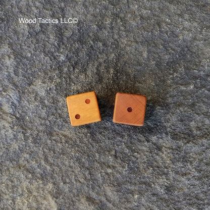 Cherry Hardwood D3 16mm in size Dice with PIPS. End and Face Grain View.