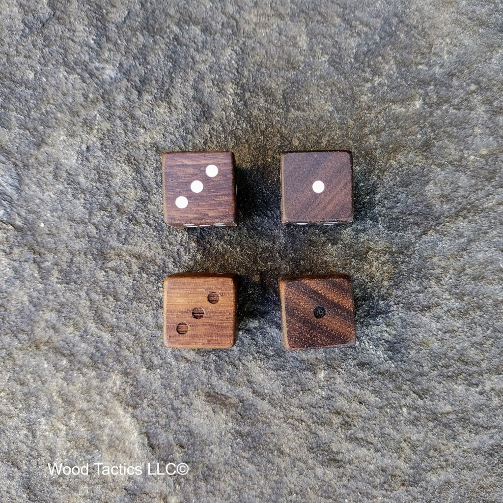 Walnut Hardwood D3 16mm in size Dice with PIPS. End and Face Grain View.