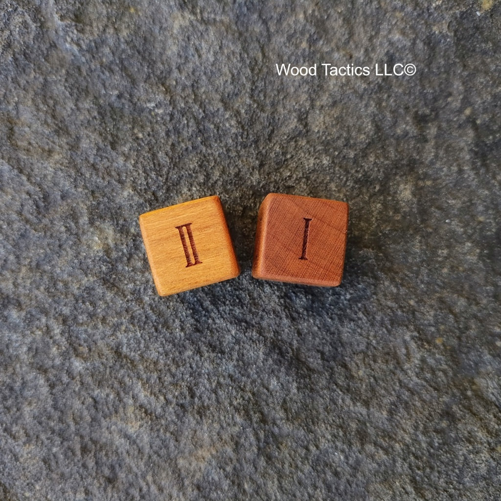 Cherry Hardwood D3 16mm in size Dice with Roman Numerals. End and Face Grain View.