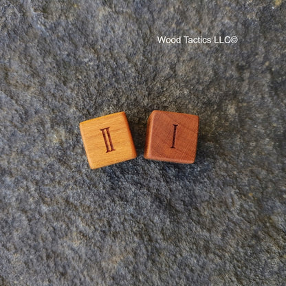 Cherry Hardwood D3 16mm in size Dice with Roman Numerals. End and Face Grain View.