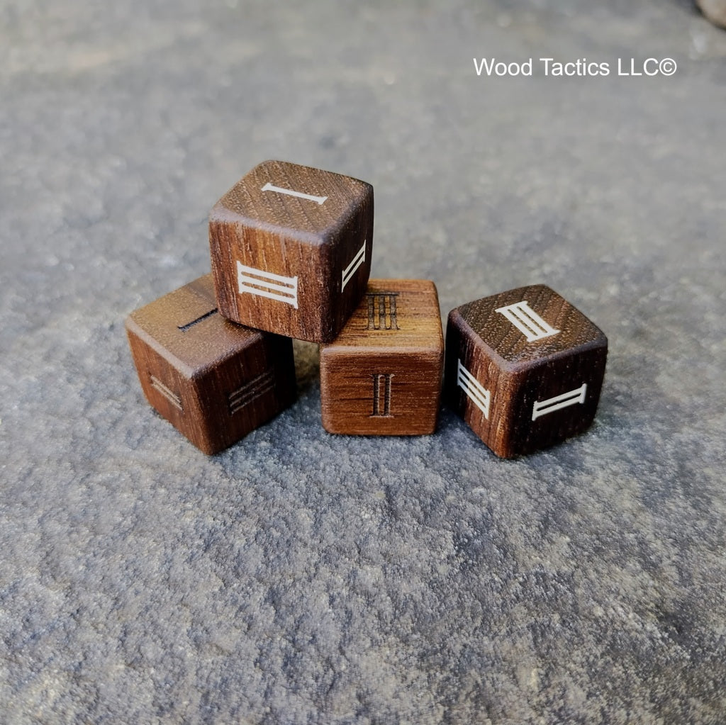 Walnut Hardwood D3 16mm in size Dice with Roman Numeral Symbols. 
