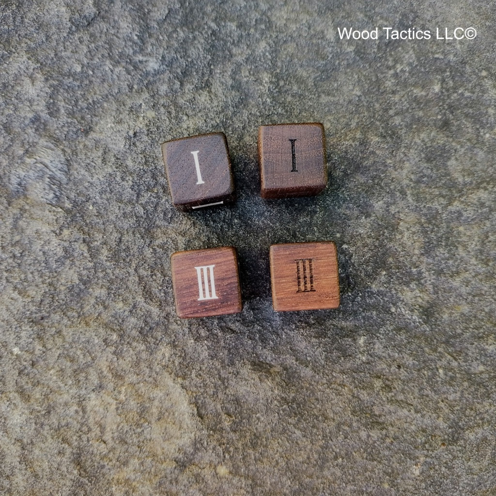Walnut Hardwood D3 16mm in size Dice with Roman Numerals. End and Face Grain View.