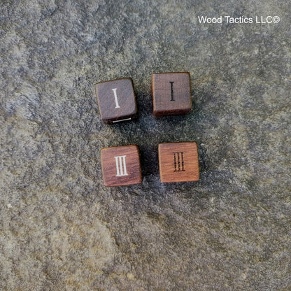 Walnut Hardwood D3 16mm in size Dice with Roman Numerals. End and Face Grain View.