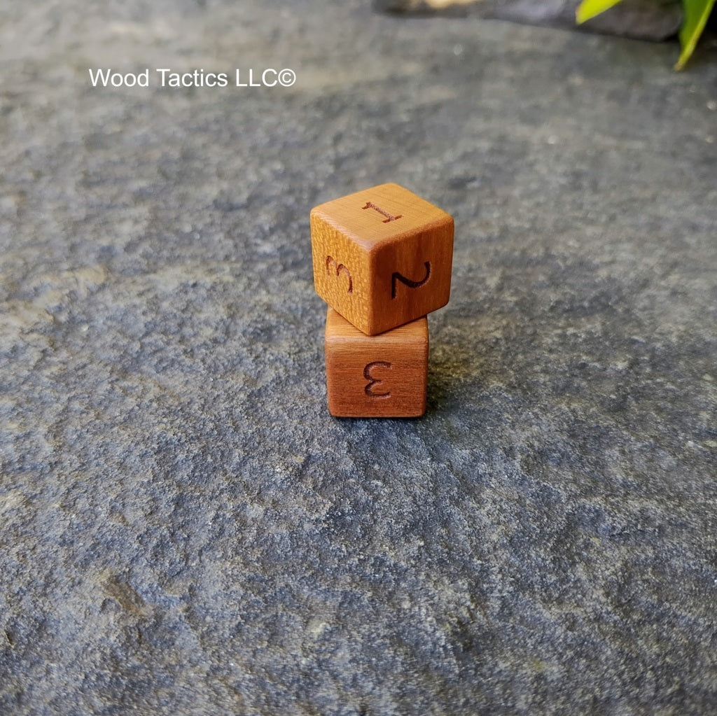 Cherry Hardwood D3 16mm in size Dice with Standard Number Symbols. 