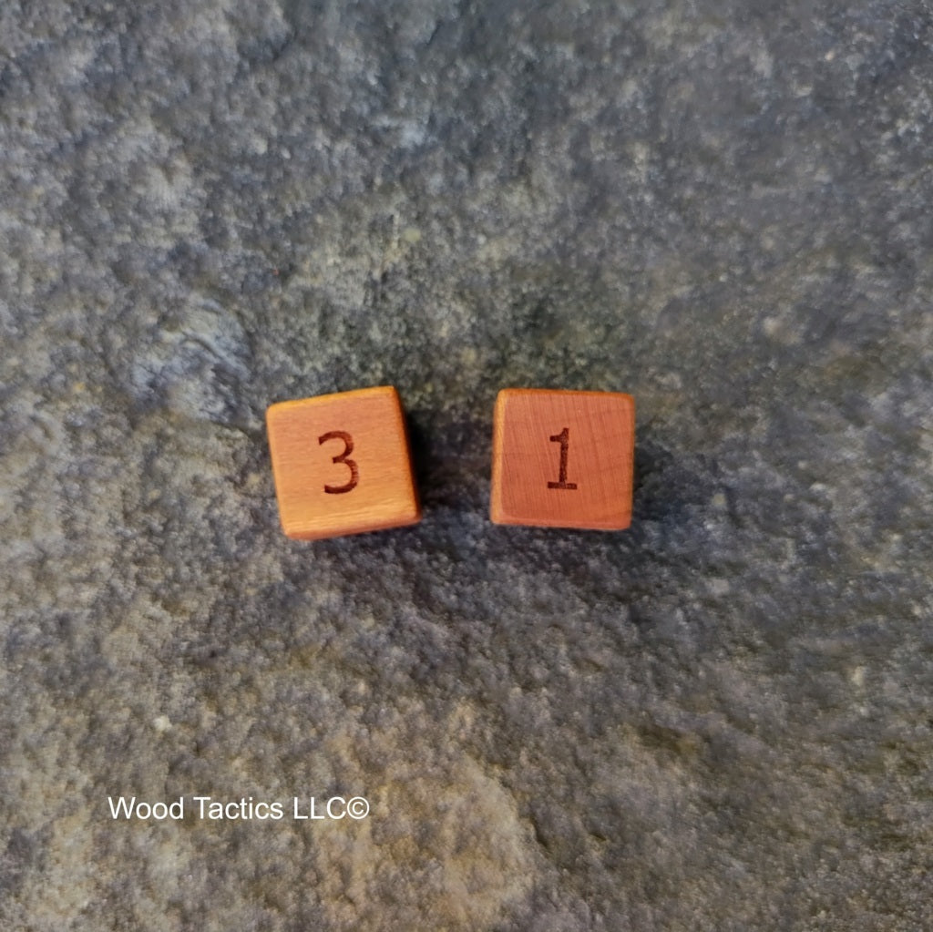 Cherry Hardwood D3 16mm in size Dice with Standard Number. End and Face Grain View.