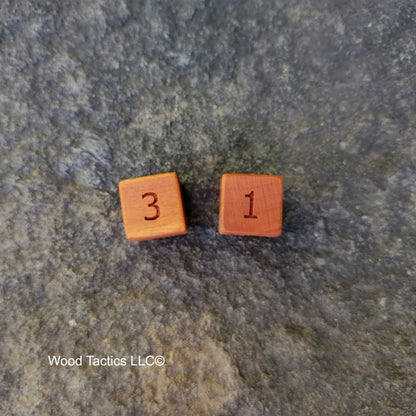 Cherry Hardwood D3 16mm in size Dice with Standard Number. End and Face Grain View.