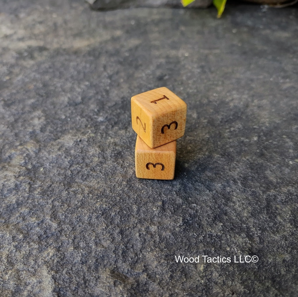 Maple Hardwood D3 16mm in size Dice with Standard Number Symbols. 