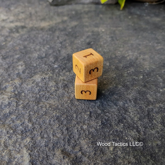 Maple Hardwood D3 16mm in size Dice with Standard Number Symbols. 