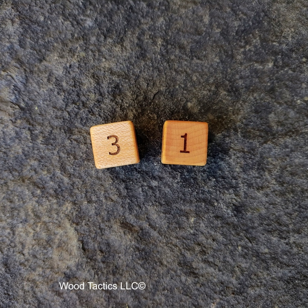 Maple Hardwood D3 16mm in size Dice with Standard Number. End and Face Grain View.