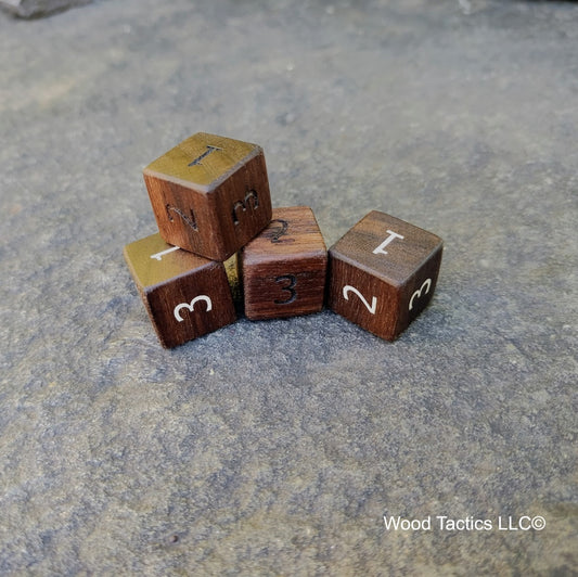 Walnut Hardwood D3 16mm in size Dice with Standard Number Symbols. 