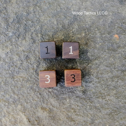 Walnut Hardwood D3 16mm in size Dice with Standard Number. End and Face Grain View.
