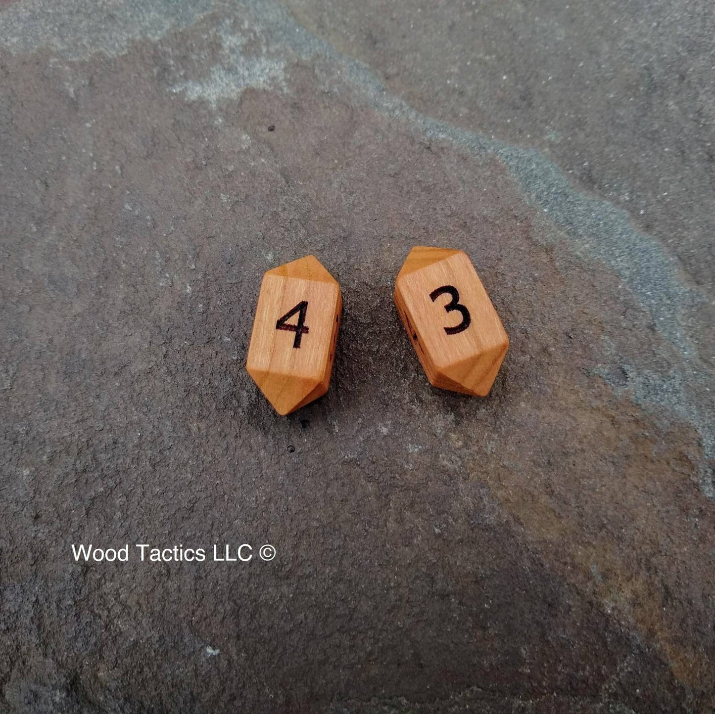 Cherry Hardwood Barrell D4 Dice with Numbers Symbols. 