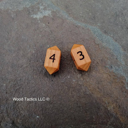 Cherry Hardwood Barrell D4 Dice with Numbers Symbols. 