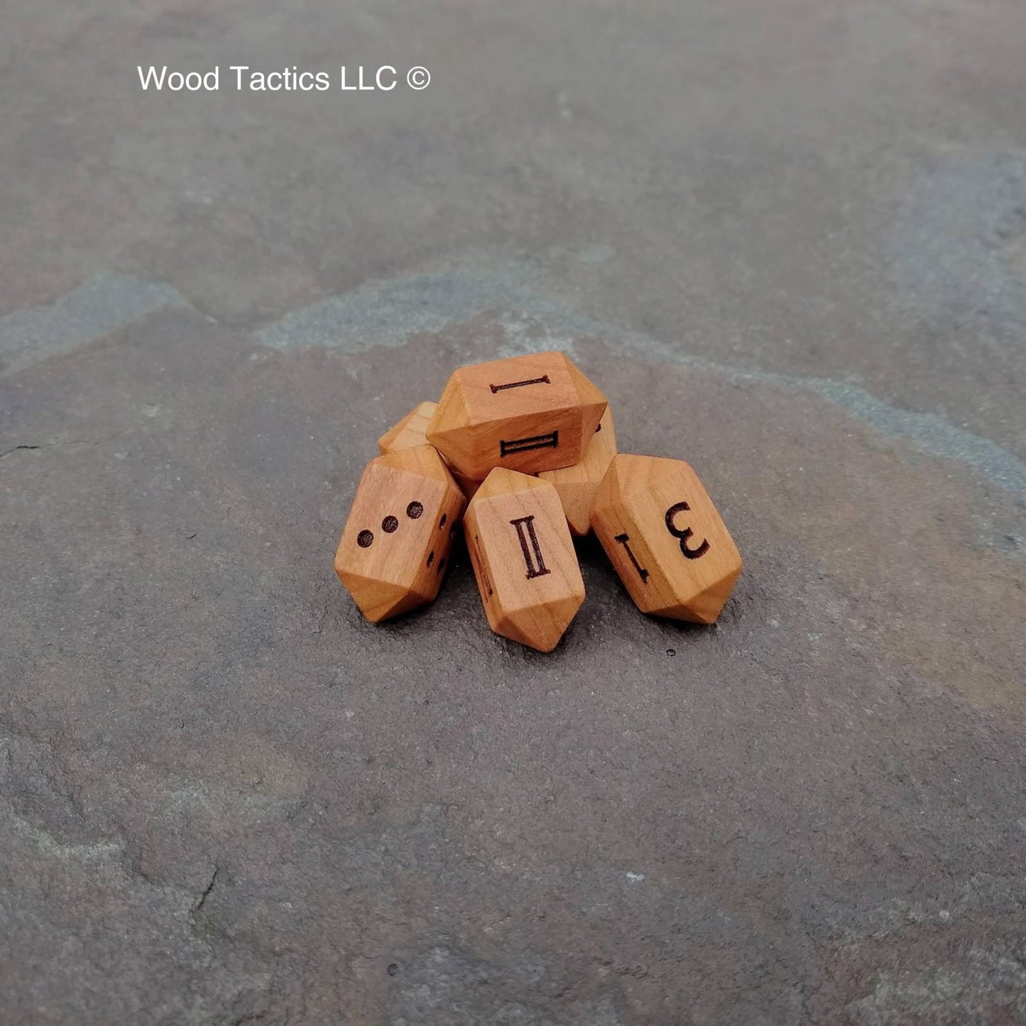 Cherry Hardwood Barrell D4 Dice with Pips, Numbers and Roman Numerals Symbols. 