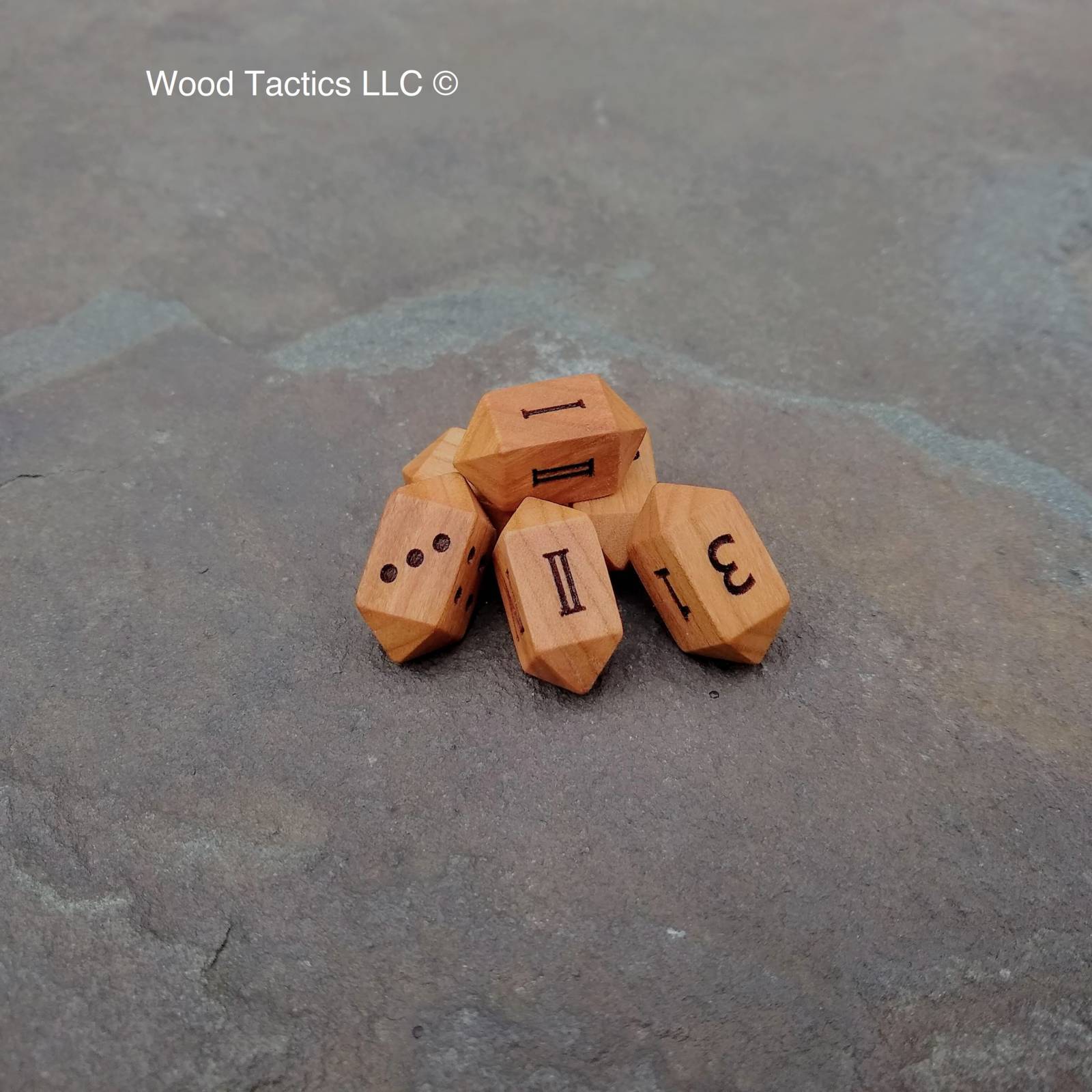 Cherry Hardwood Barrell D4 Dice with Pips, Numbers and Roman Numerals Symbols. 